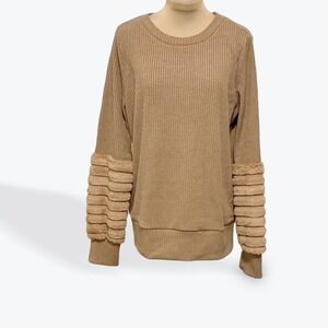 Doe & Rae Tan Ribbed Crewneck Sweatshirt Faux Fur Trimmed Sleeves Size S